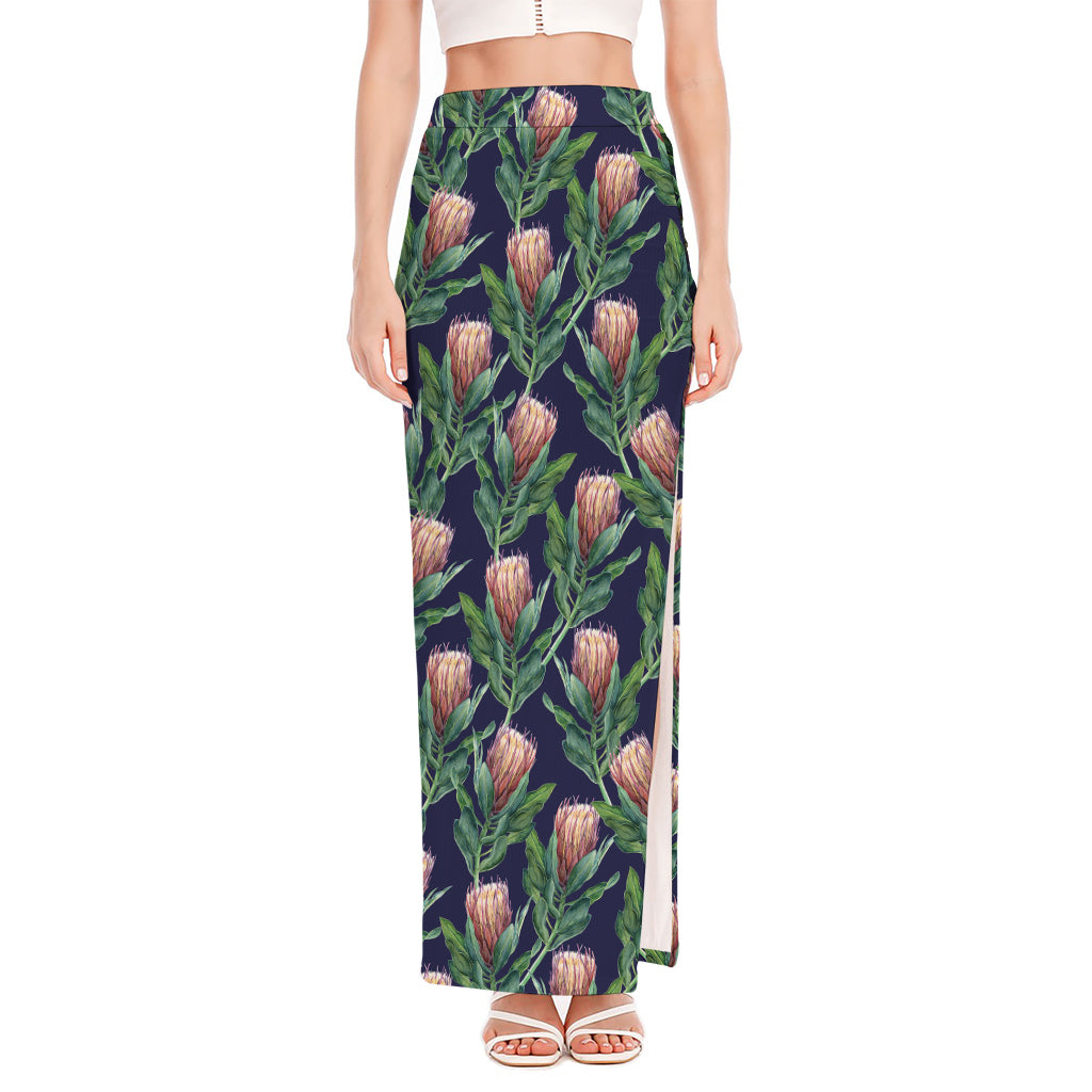 Watercolor Protea Pattern Print High Slit Maxi Skirt