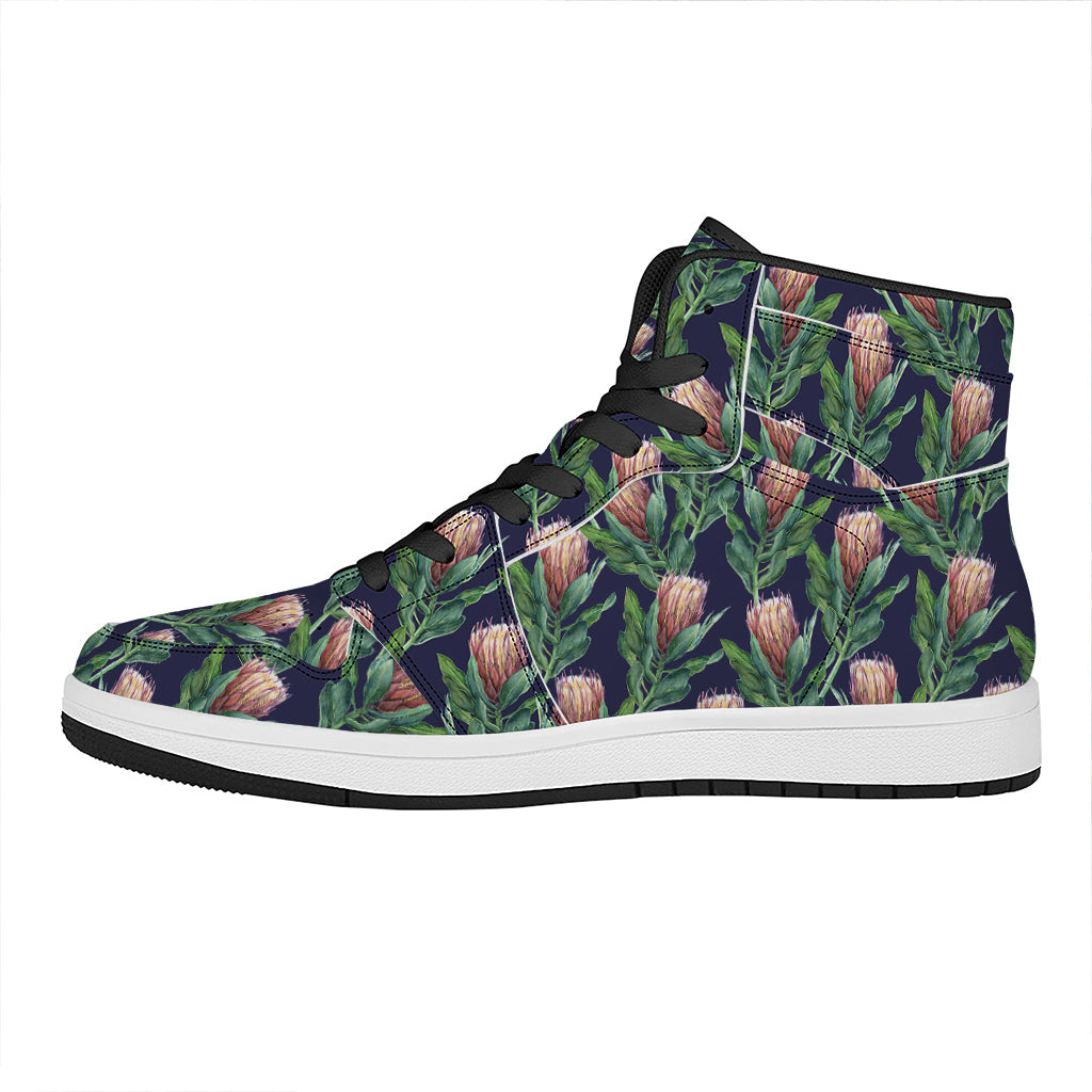 Watercolor Protea Pattern Print High Top Leather Sneakers