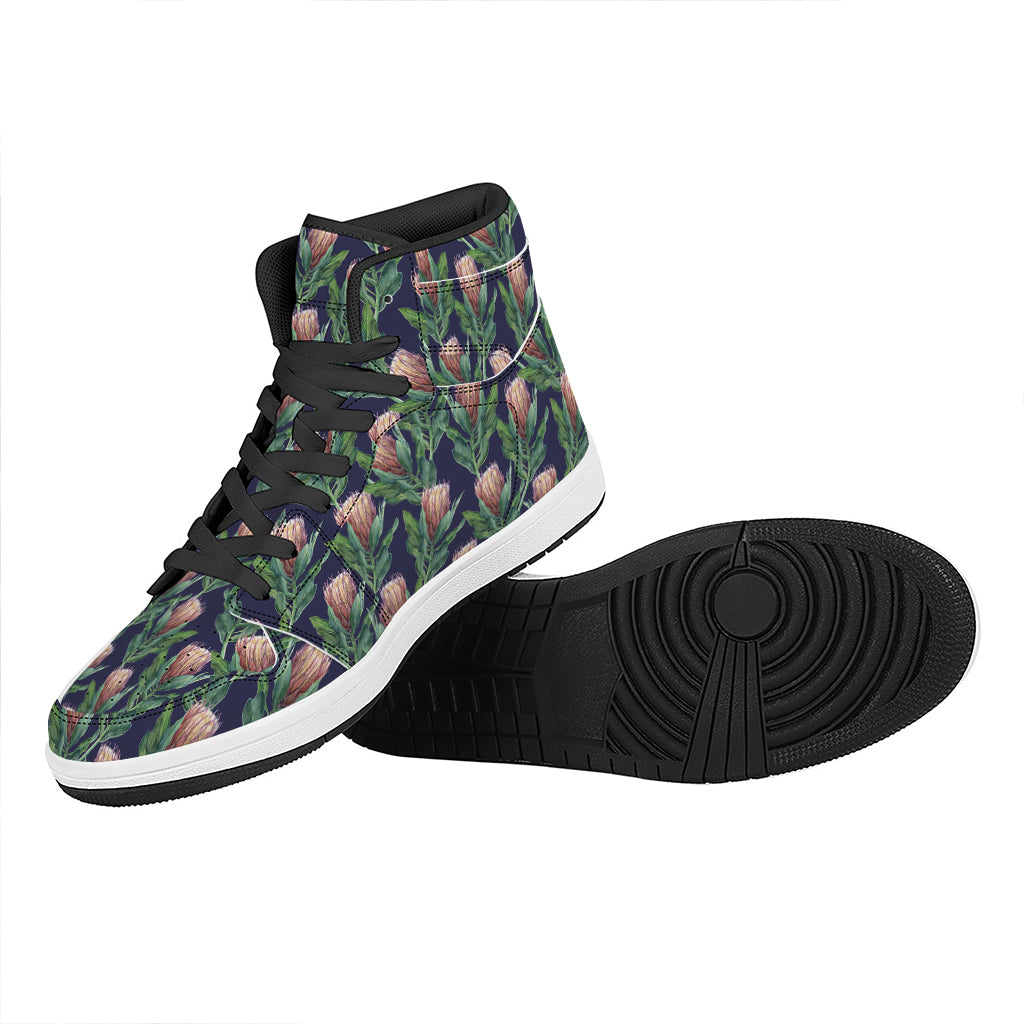 Watercolor Protea Pattern Print High Top Leather Sneakers