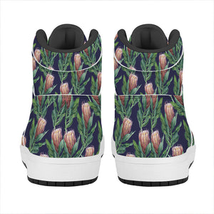 Watercolor Protea Pattern Print High Top Leather Sneakers