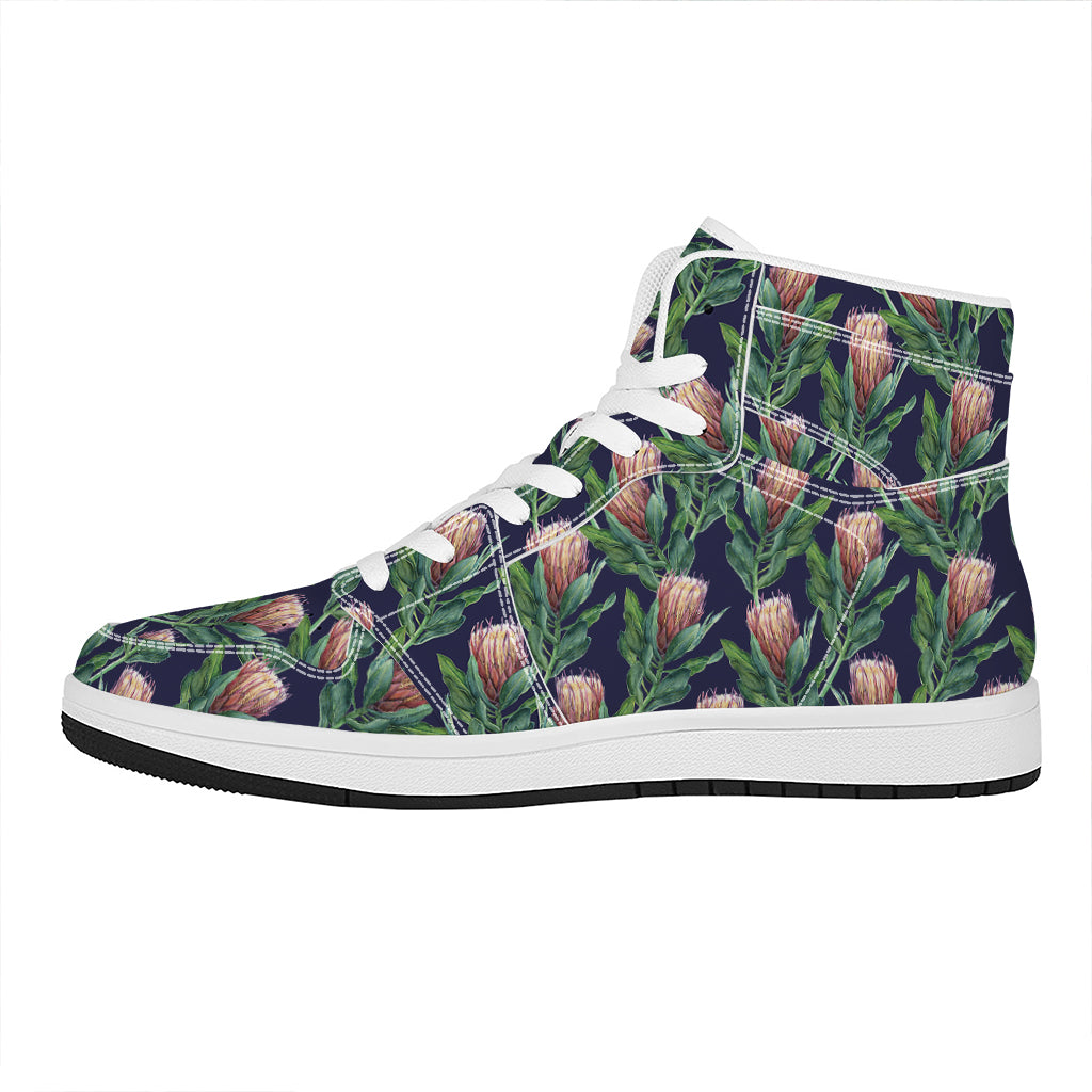 Watercolor Protea Pattern Print High Top Leather Sneakers