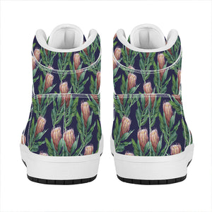 Watercolor Protea Pattern Print High Top Leather Sneakers