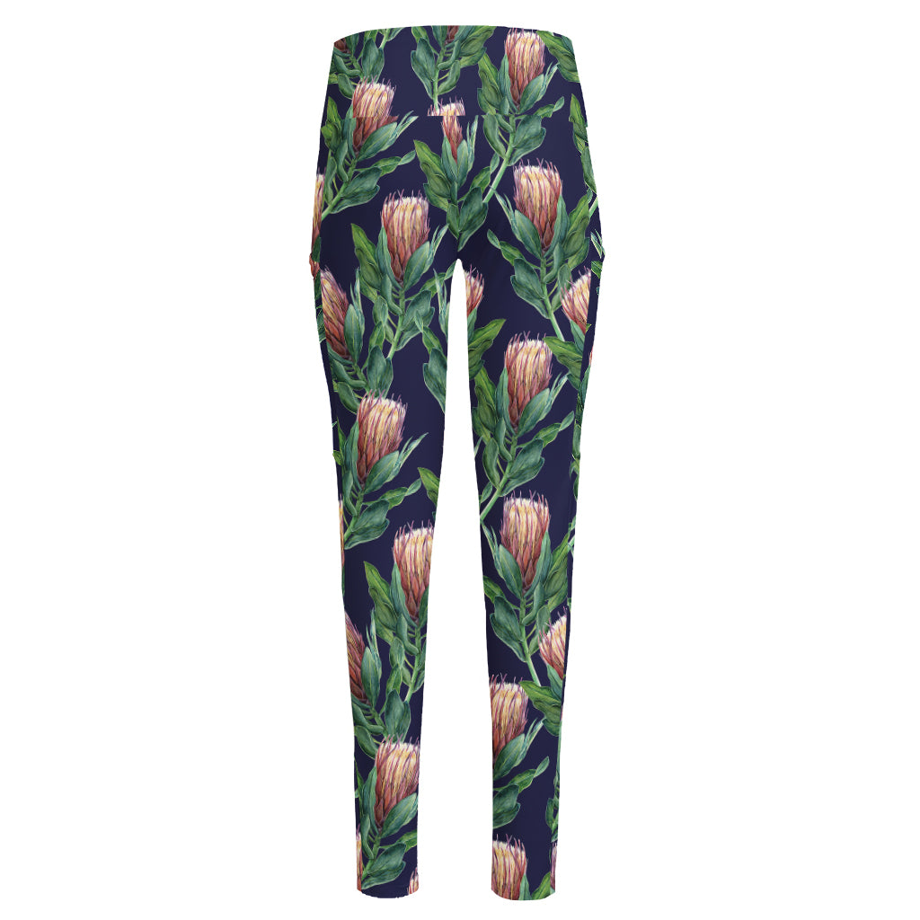 Watercolor Protea Pattern Print High-Waisted Pocket Leggings