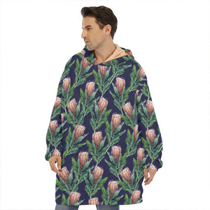 Watercolor Protea Pattern Print Hoodie Blanket