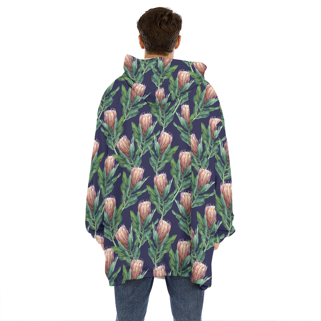 Watercolor Protea Pattern Print Hoodie Blanket