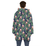 Watercolor Protea Pattern Print Hoodie Blanket