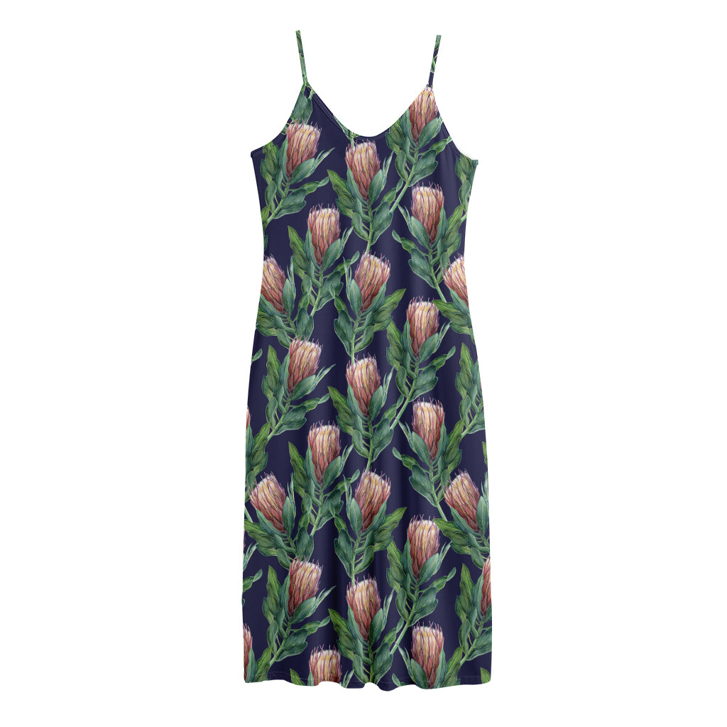 Watercolor Protea Pattern Print Jersey Midi Cami Dress