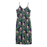 Watercolor Protea Pattern Print Jersey Midi Cami Dress