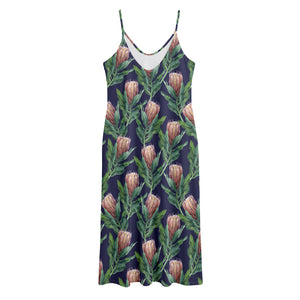 Watercolor Protea Pattern Print Jersey Midi Cami Dress