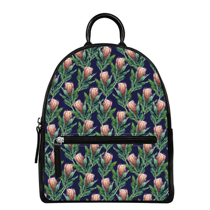 Watercolor Protea Pattern Print Leather Backpack