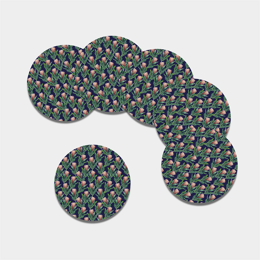 Watercolor Protea Pattern Print Leather Coaster Set