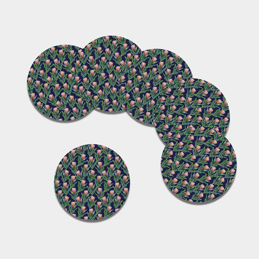 Watercolor Protea Pattern Print Leather Coaster Set