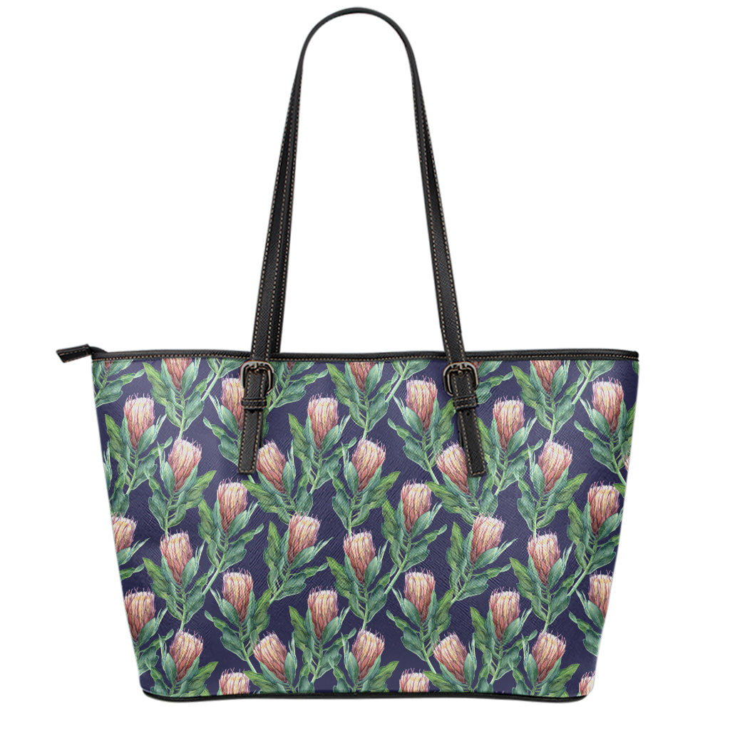 Watercolor Protea Pattern Print Leather Tote Bag