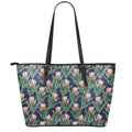 Watercolor Protea Pattern Print Leather Tote Bag With Zipper