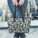 Watercolor Protea Pattern Print Leather Tote Bag