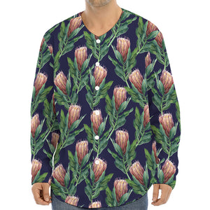 Watercolor Protea Pattern Print Long Sleeve Baseball Jersey