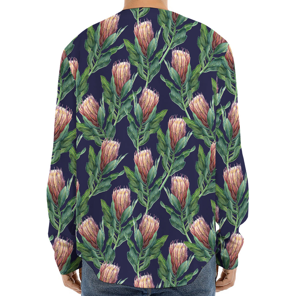 Watercolor Protea Pattern Print Long Sleeve Baseball Jersey