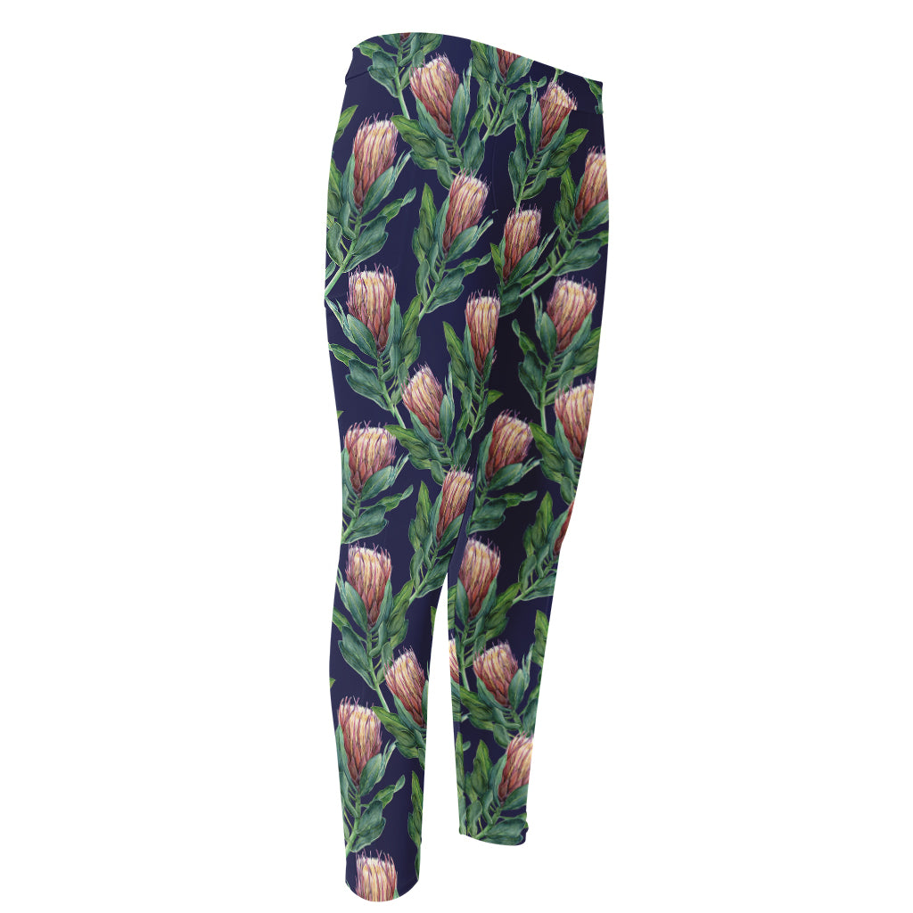 Watercolor Protea Pattern Print Men's Compression Pants