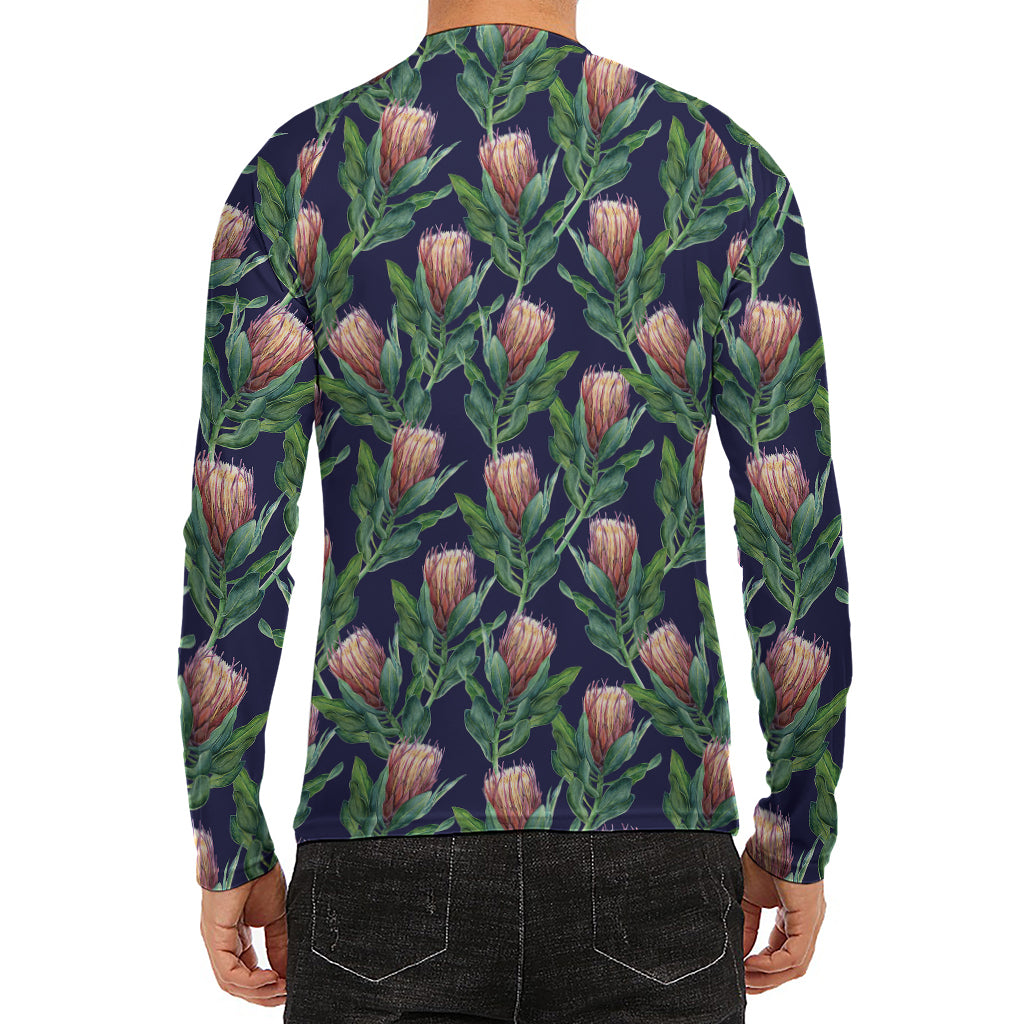 Watercolor Protea Pattern Print Men's Long Sleeve Rash Guard