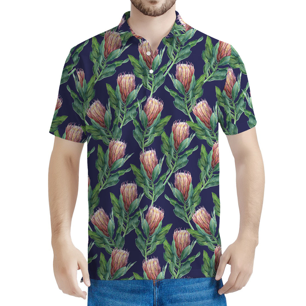 Watercolor Protea Pattern Print Men's Polo Shirt