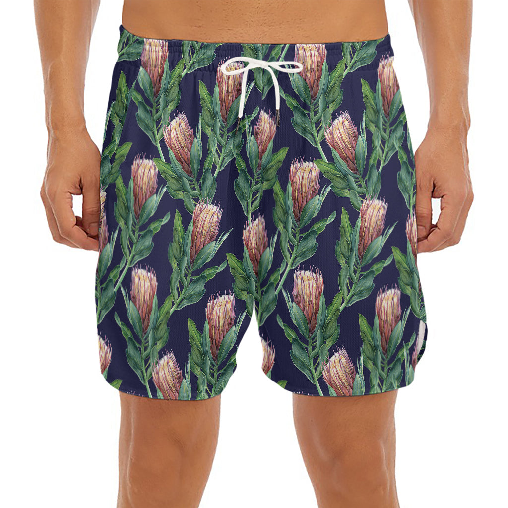 Watercolor Protea Pattern Print Men's Split Running Shorts