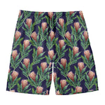 Watercolor Protea Pattern Print Men's Swim Trunks