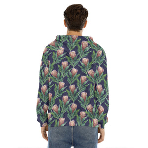 Watercolor Protea Pattern Print Men's Velvet Pullover Hoodie