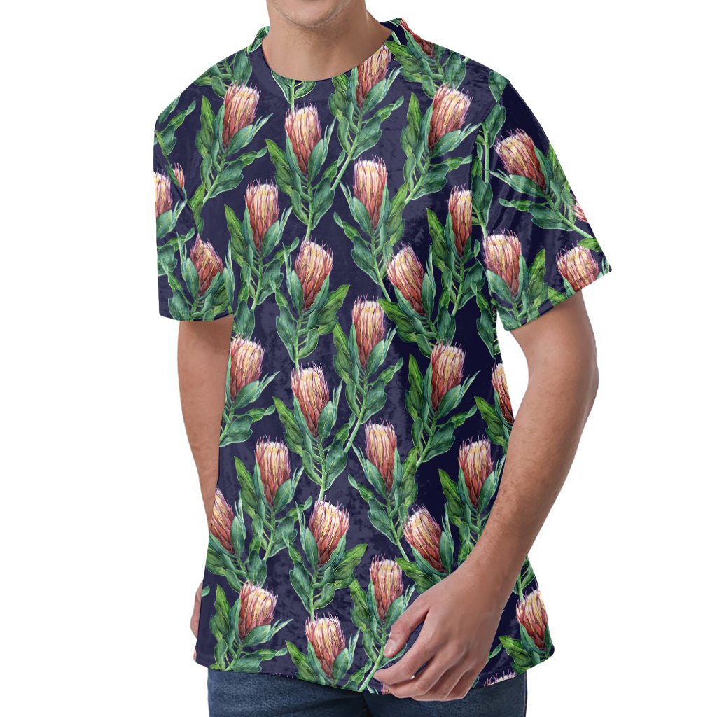 Watercolor Protea Pattern Print Men's Velvet T-Shirt