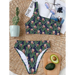 Watercolor Protea Pattern Print One Shoulder Bikini Top