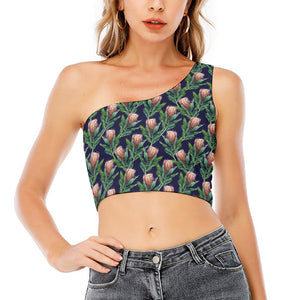 Watercolor Protea Pattern Print One Shoulder Crop Top