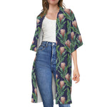 Watercolor Protea Pattern Print Open Front Beach Cover Up