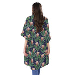 Watercolor Protea Pattern Print Open Front Beach Cover Up