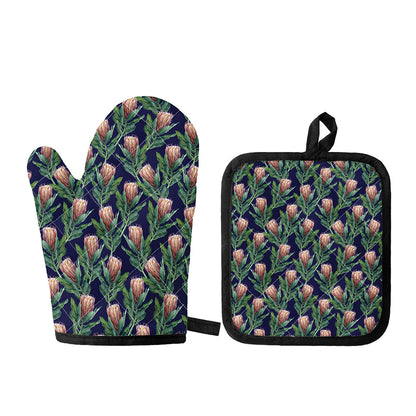 Watercolor Protea Pattern Print Oven Mitt And Pot Holder Set