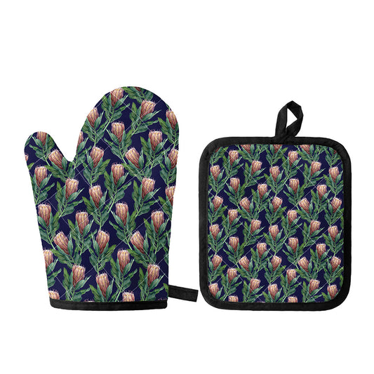 Watercolor Protea Pattern Print Oven Mitt And Pot Holder Set