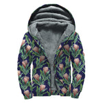 Watercolor Protea Pattern Print Sherpa Lined Zip Up Hoodie