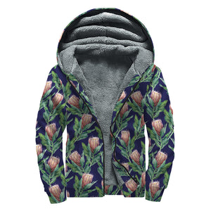 Watercolor Protea Pattern Print Sherpa Lined Zip Up Hoodie