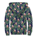 Watercolor Protea Pattern Print Sherpa Lined Zip Up Hoodie