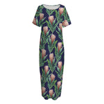 Watercolor Protea Pattern Print Short Sleeve Long Nightdress