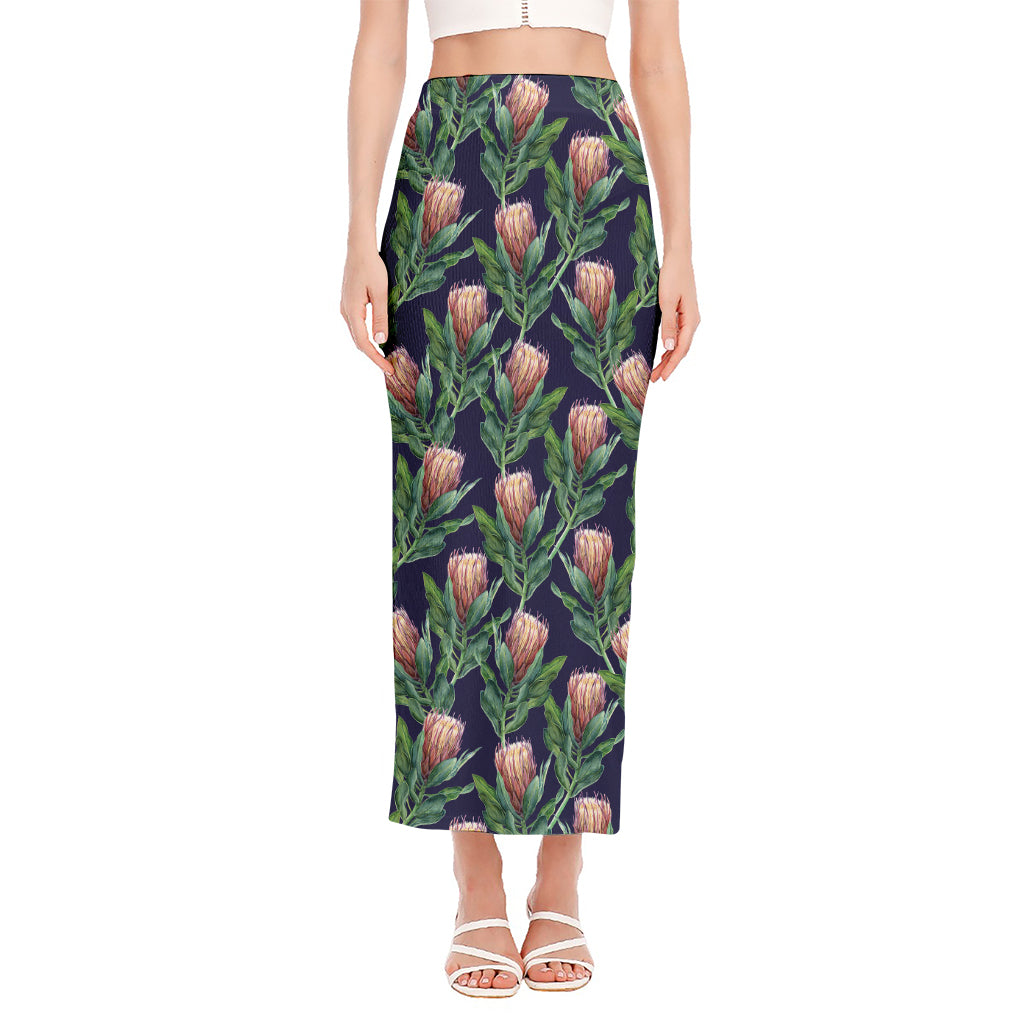 Watercolor Protea Pattern Print Side Slit Maxi Skirt