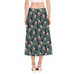 Watercolor Protea Pattern Print Side Slit Midi Skirt