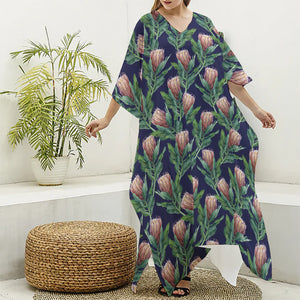 Watercolor Protea Pattern Print Silk V-Neck Kaftan Dress