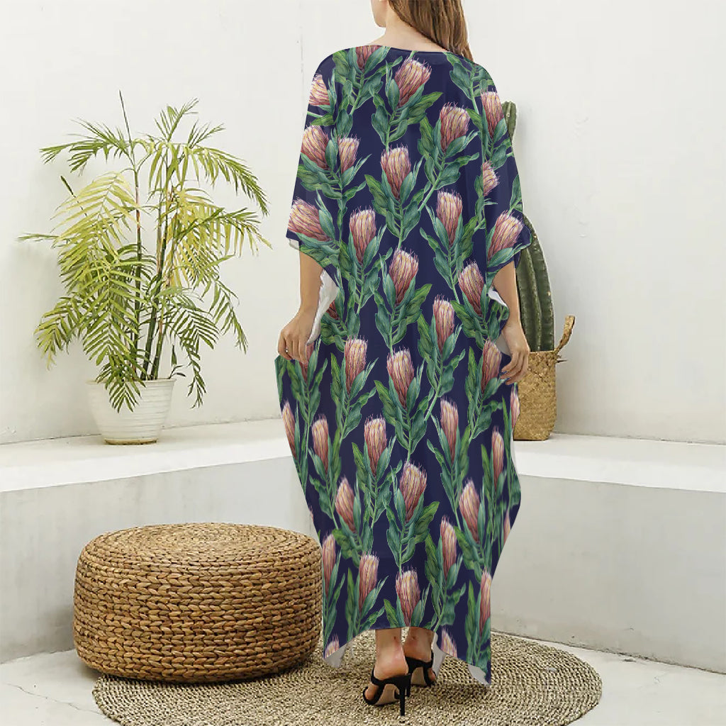 Watercolor Protea Pattern Print Silk V-Neck Kaftan Dress