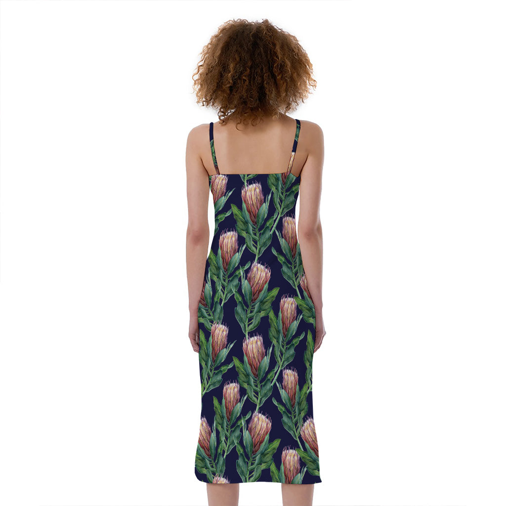 Watercolor Protea Pattern Print Slim Fit Midi Cami Dress