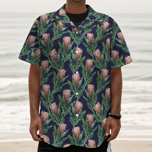 Watercolor Protea Pattern Print Textured Short Sleeve Shirt