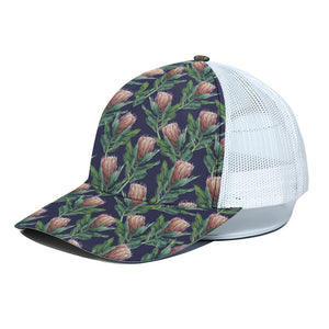 Watercolor Protea Pattern Print White Mesh Trucker Cap