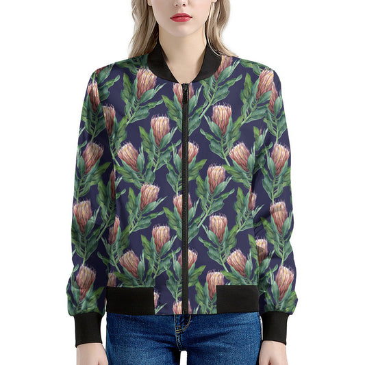 Watercolor Protea Pattern Print Women's Bomber Jacket