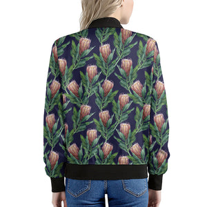 Watercolor Protea Pattern Print Women's Bomber Jacket