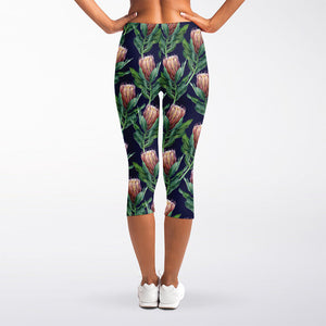 Watercolor Protea Pattern Print Women's Capri Leggings