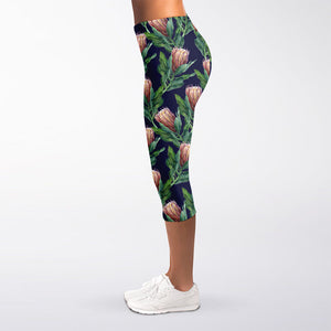 Watercolor Protea Pattern Print Women's Capri Leggings