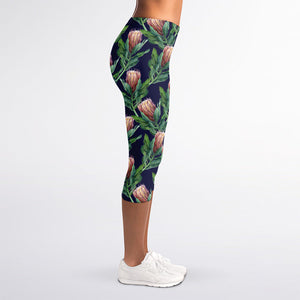 Watercolor Protea Pattern Print Women's Capri Leggings